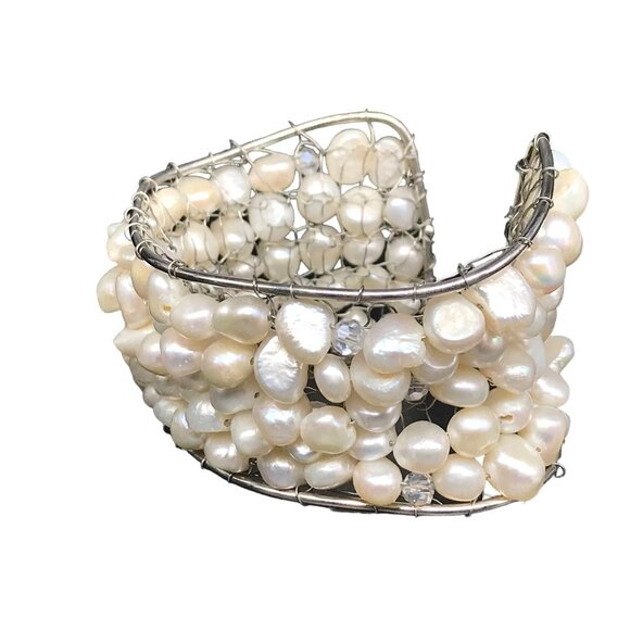 Glamorous Wide Pearl Mesh Cuff Bracelet, Silver, Wedding Jewelry, Special Occasi - Picture 2 of 5